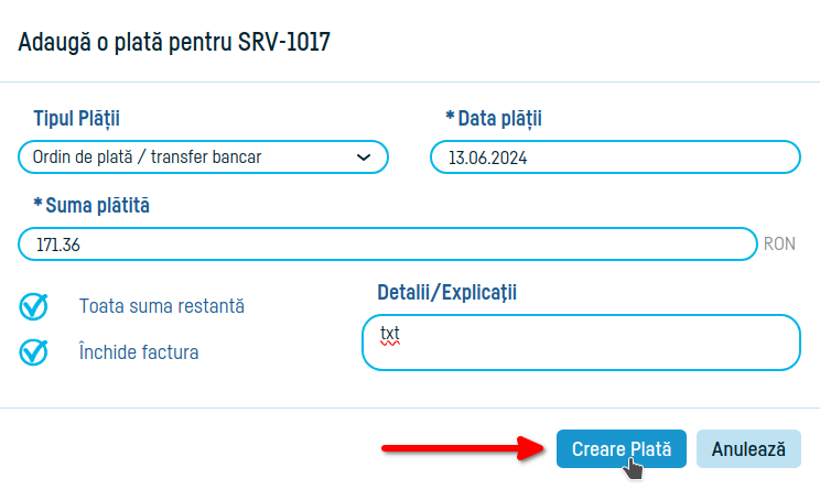 Cum adaug o plată pe factură - pasul 6