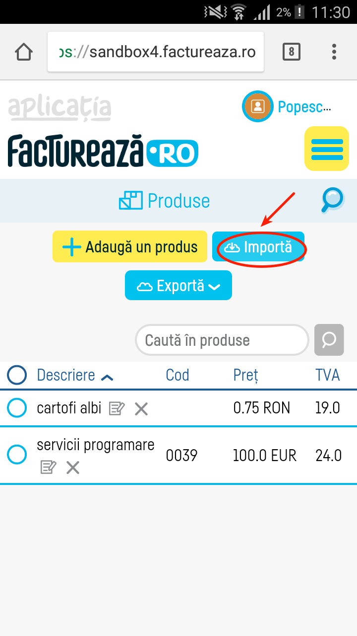 Cum import o listă de produse sau servicii? - pasul 2