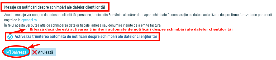 Notificări cu schimbări în datele clienţilor - pasul 3