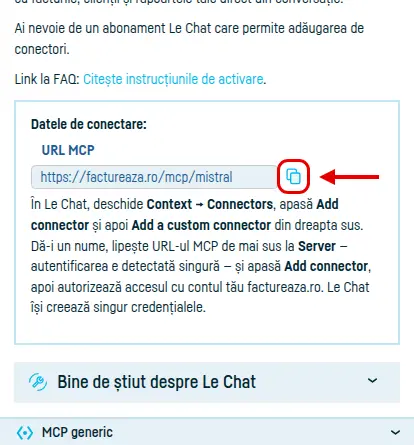 Pagina Integrări → Le Chat din factureaza.ro, cu URL-ul MCP și butonul de copiere
