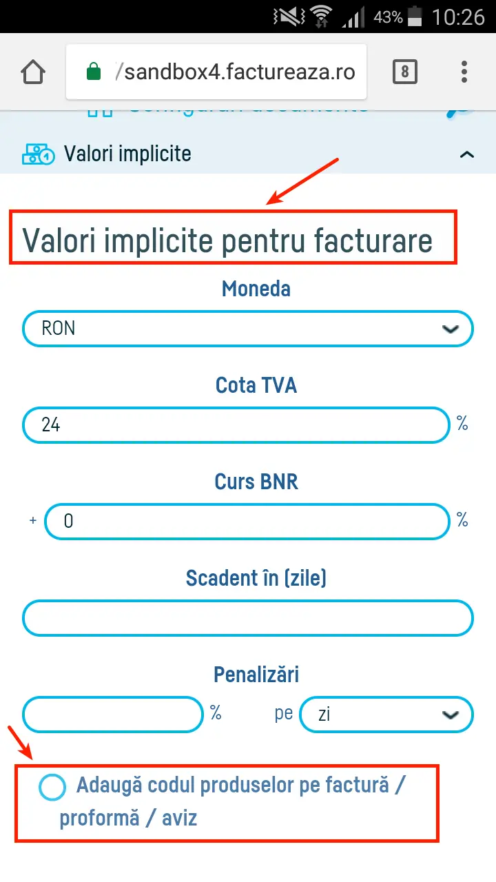 Cum stabilesc valorile implicite pentru facturi? - pasul 3