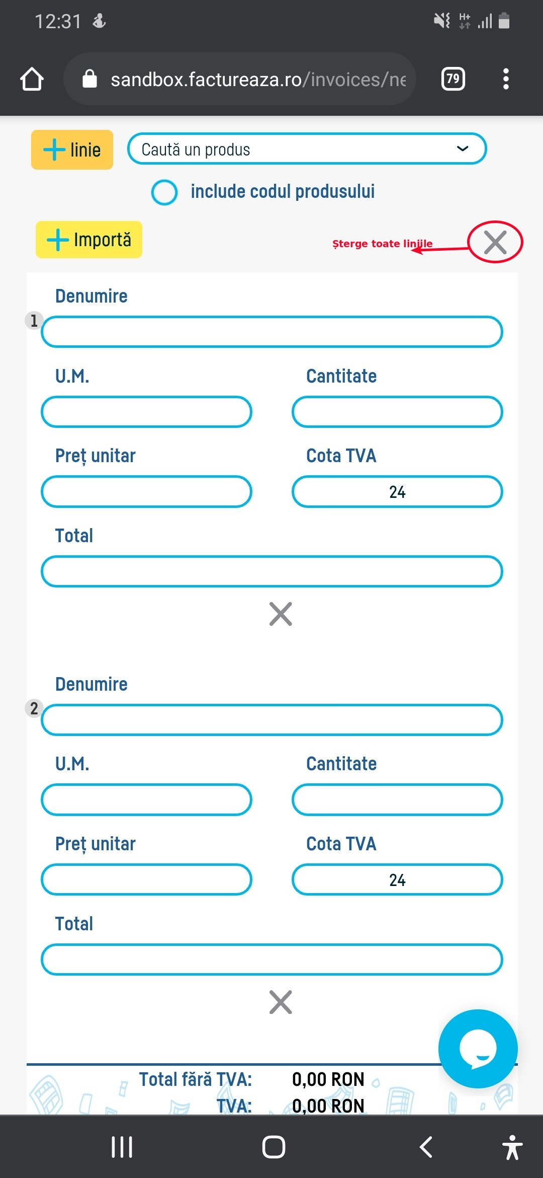 Ștergerea tuturor liniilor din factură - pasul 1