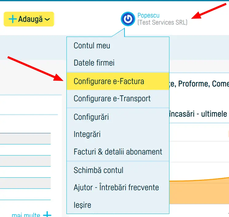 Meniul clasic: Configurare e-Factura în meniul de utilizator