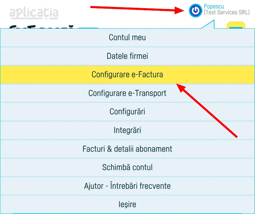 Meniul clasic: Configurare e-Factura în meniul de utilizator