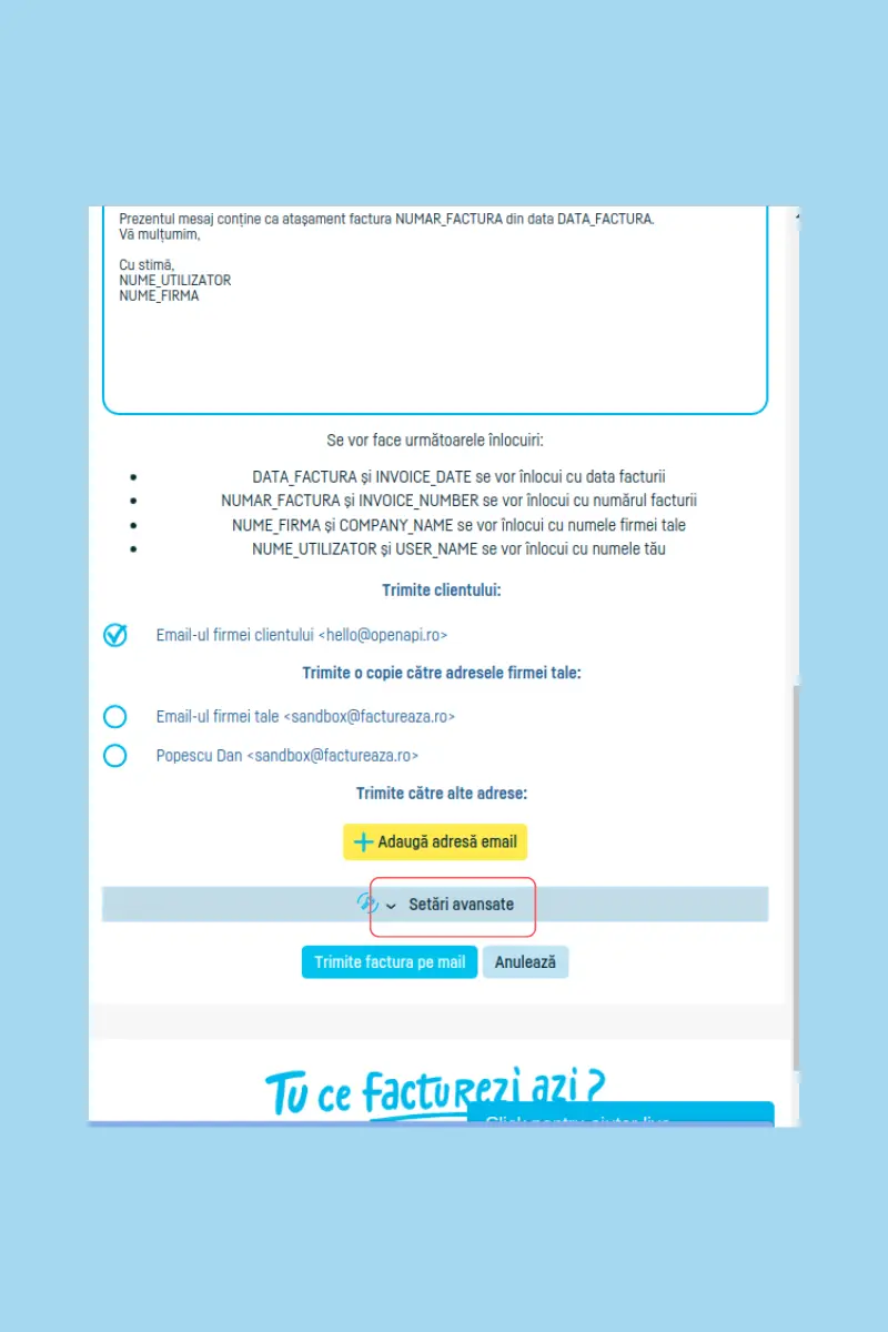 Cum programez trimiterea unei facturi pe email - pasul 4