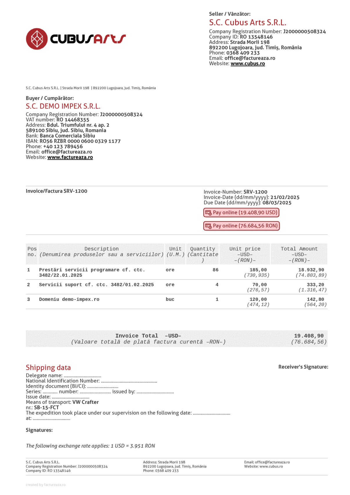 Factură fără TVA, USD + RON, engleză